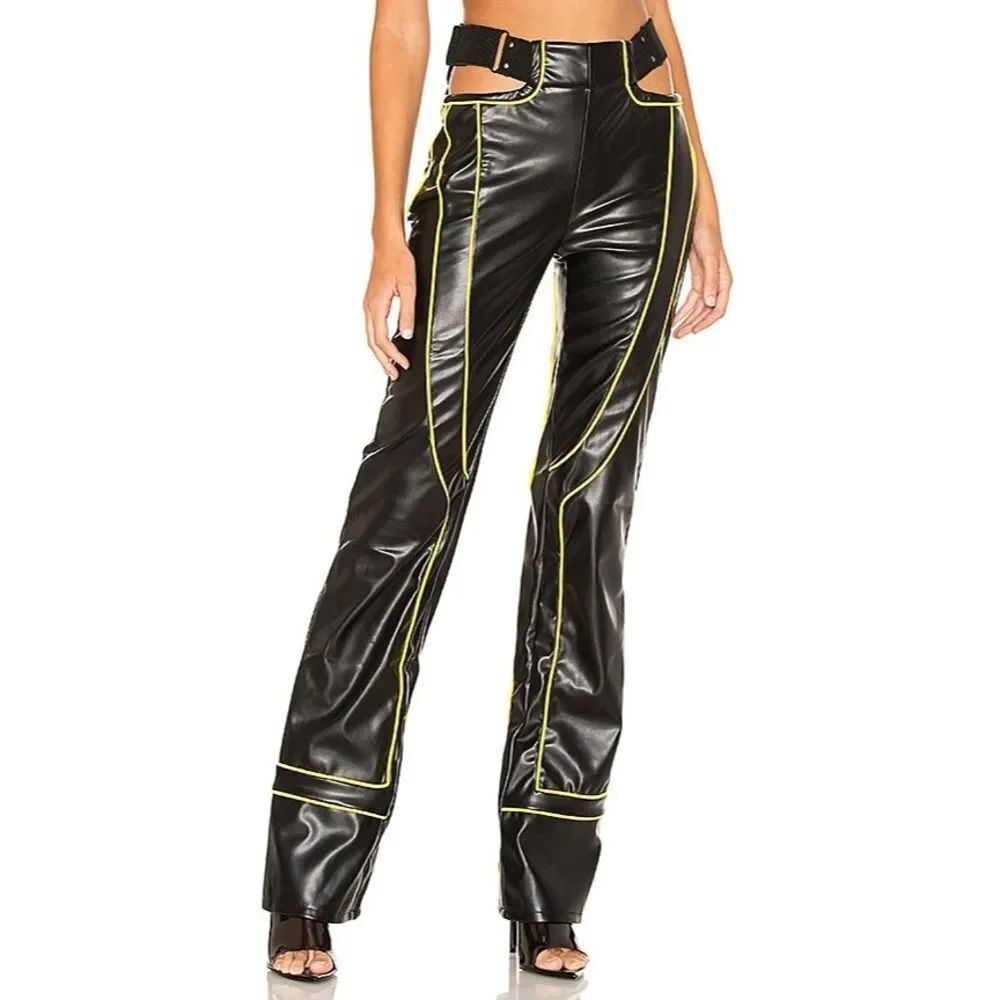 I.AM.GIA ‘Nora’ Black Faux Leather Pants with Yellow Piping